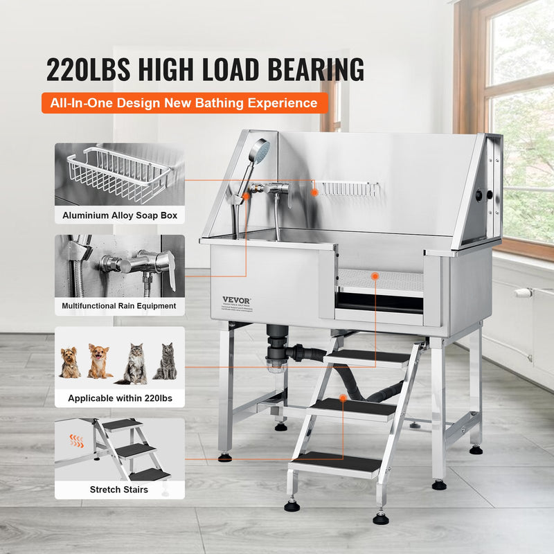 VEVOR 96 cm mājdzīvnieku vannošanas stacija ar rampu – profesionāla nerūsējošā tērauda suņu kopšanas vanna ar atvilktni, režģi un jaucējkrānu (labā puse)