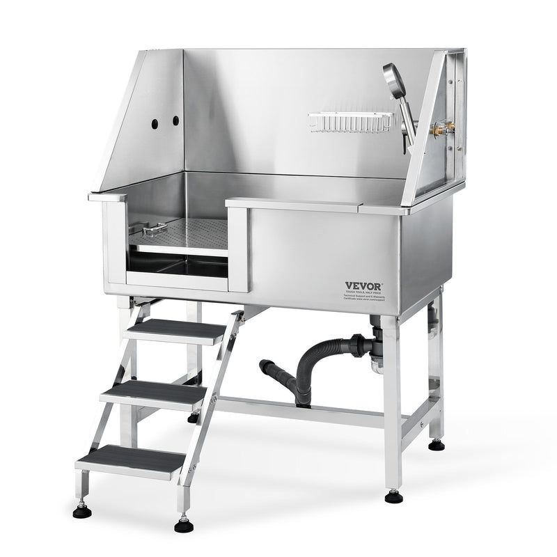 VEVOR 96 cm mājdzīvnieku vannošanas stacija ar rampu – profesionāla nerūsējošā tērauda vanna ar atvilktni un režģi (kreisā puse)