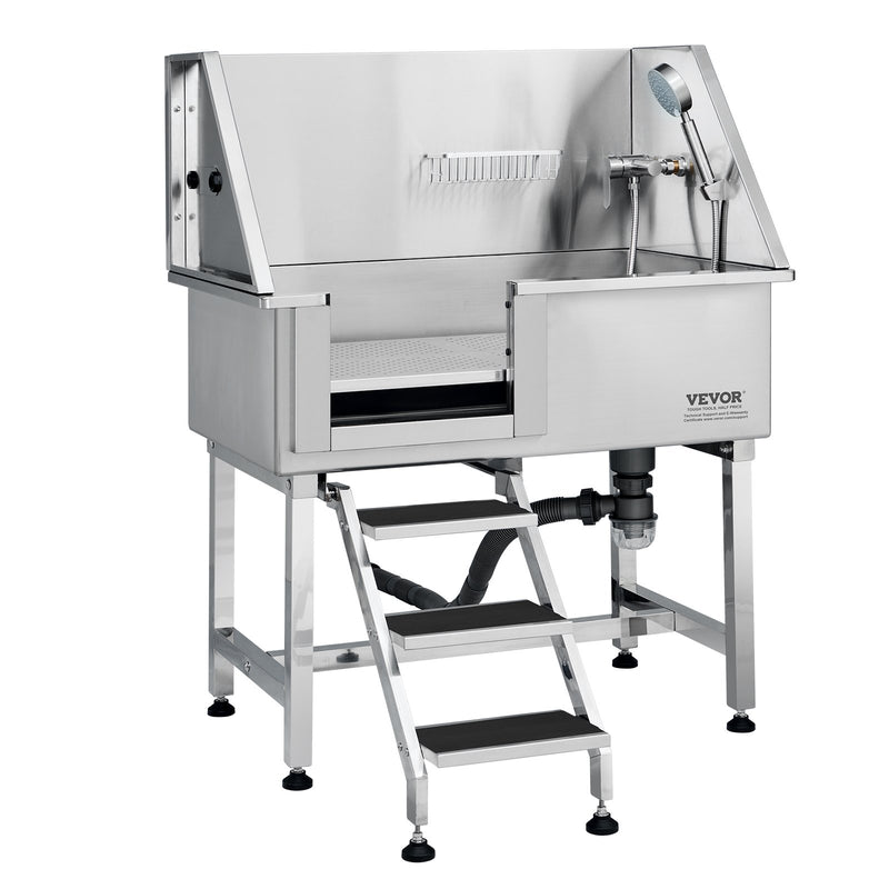 VEVOR 96 cm mājdzīvnieku vannošanas stacija ar rampu – profesionāla nerūsējošā tērauda vanna ar atvilktni un režģi (kreisā puse)