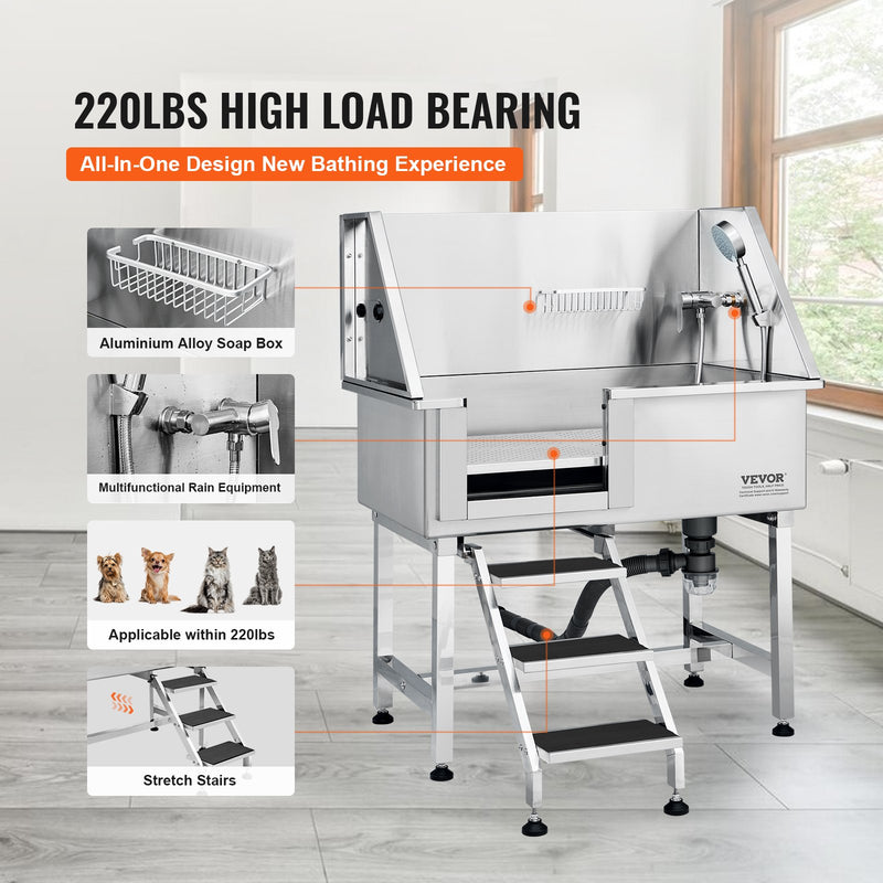 VEVOR 96 cm mājdzīvnieku vannošanas stacija ar rampu – profesionāla nerūsējošā tērauda vanna ar atvilktni un režģi (kreisā puse)