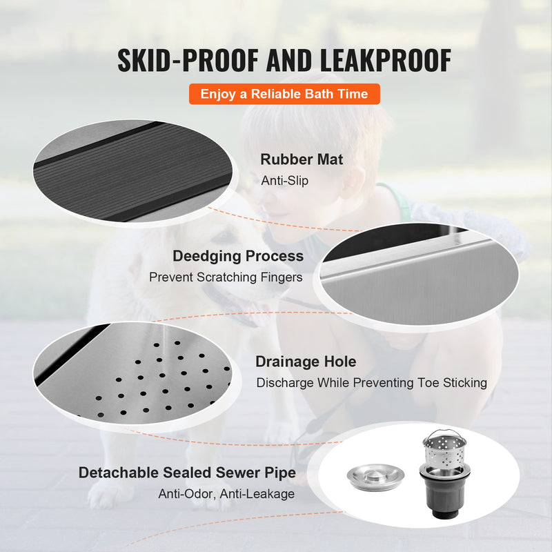 VEVOR 96 cm mājdzīvnieku vannošanas stacija ar rampu – profesionāla nerūsējošā tērauda vanna ar atvilktni un režģi (kreisā puse)