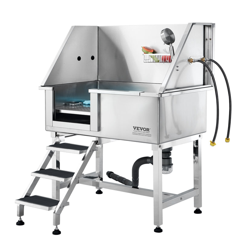 VEVOR 96 cm mājdzīvnieku vannošanas stacija ar rampu – profesionāla nerūsējošā tērauda vanna ar atvilktni un režģi (kreisā puse)