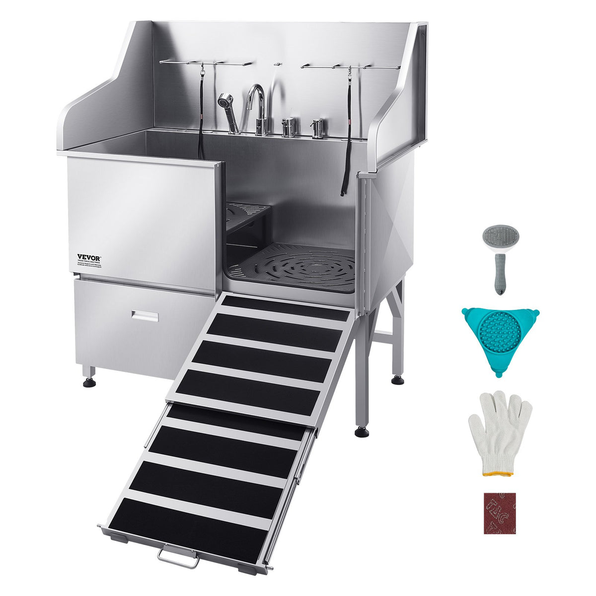 VEVOR Stainless Steel Dog Grooming Bath Tub with Ramp, Mixer Tap and Shower Head, 127 cm