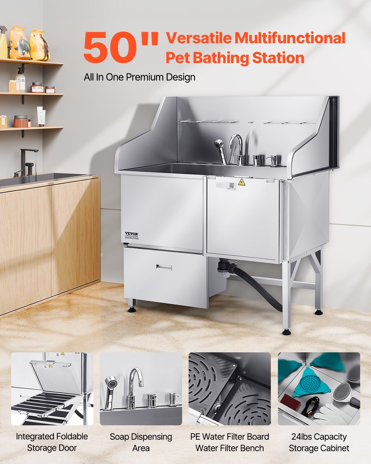 VEVOR Stainless Steel Dog Grooming Bath Tub with Ramp, Mixer Tap and Shower Head, 127 cm