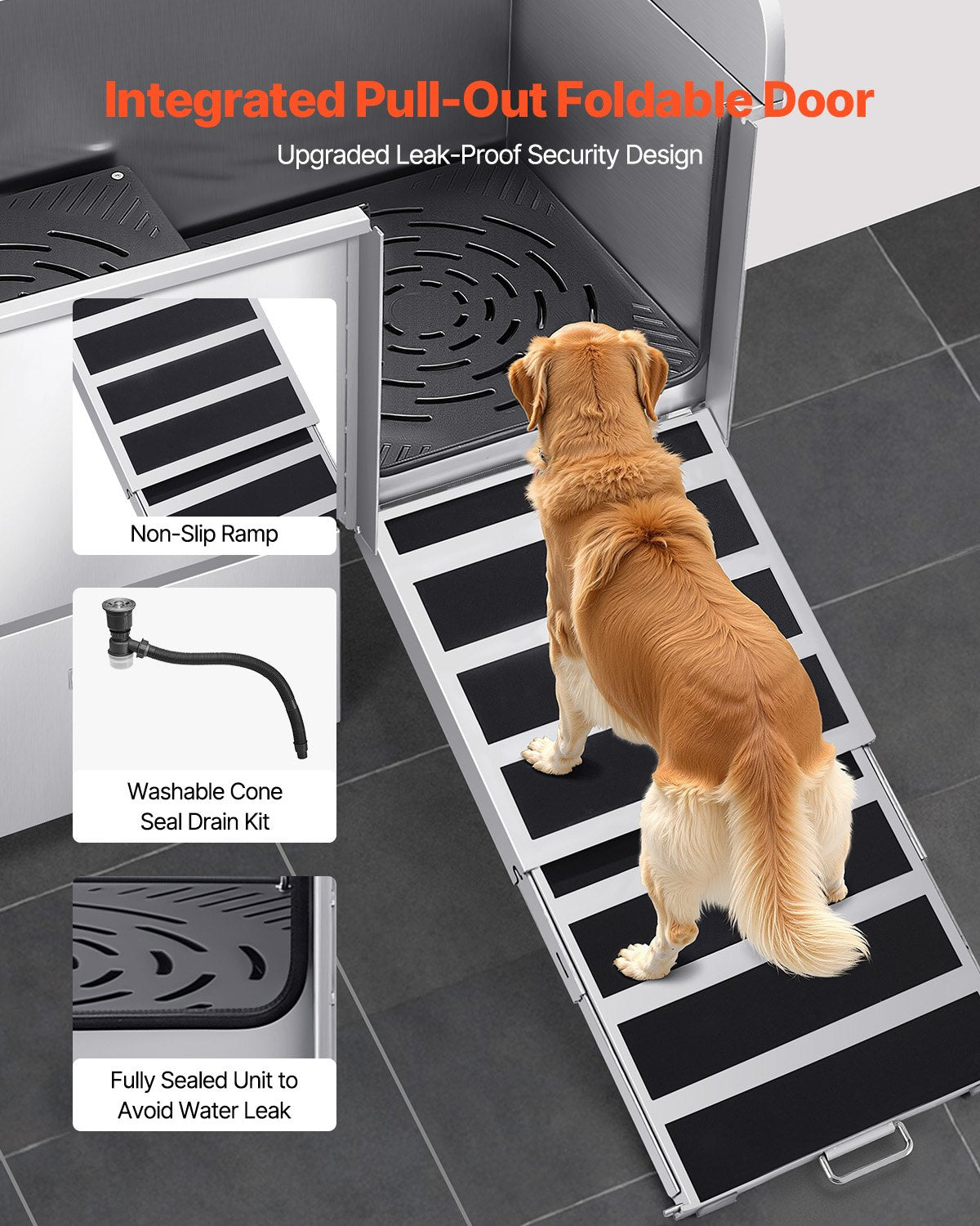 VEVOR Stainless Steel Dog Grooming Bath Tub with Ramp, Mixer Tap and Shower Head, 127 cm