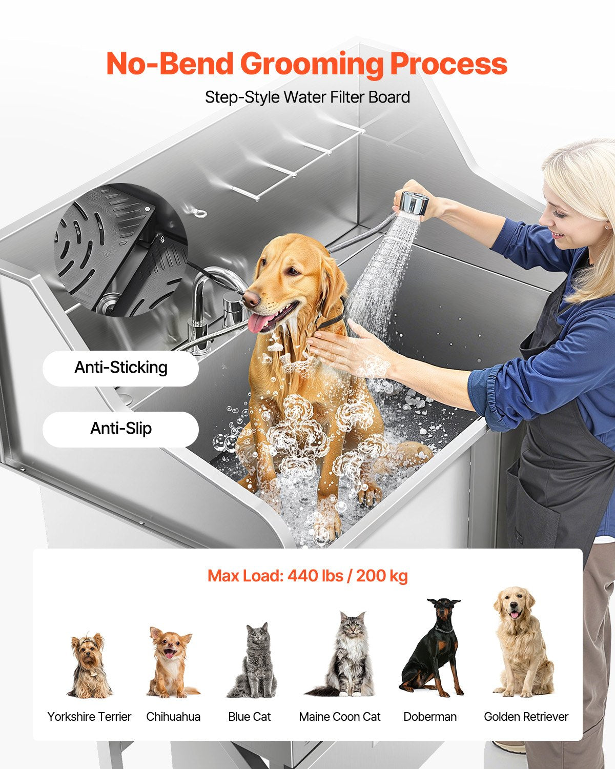 VEVOR Stainless Steel Dog Grooming Bath Tub with Ramp, Mixer Tap and Shower Head, 127 cm