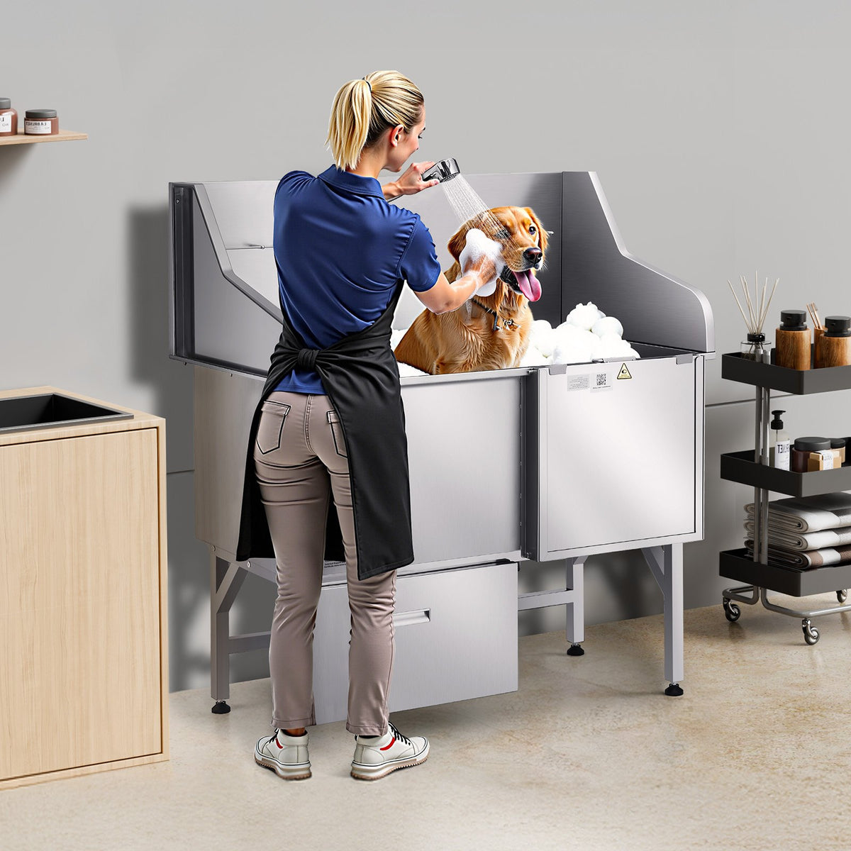 VEVOR Stainless Steel Dog Grooming Bath Tub with Ramp, Mixer Tap and Shower Head, 127 cm