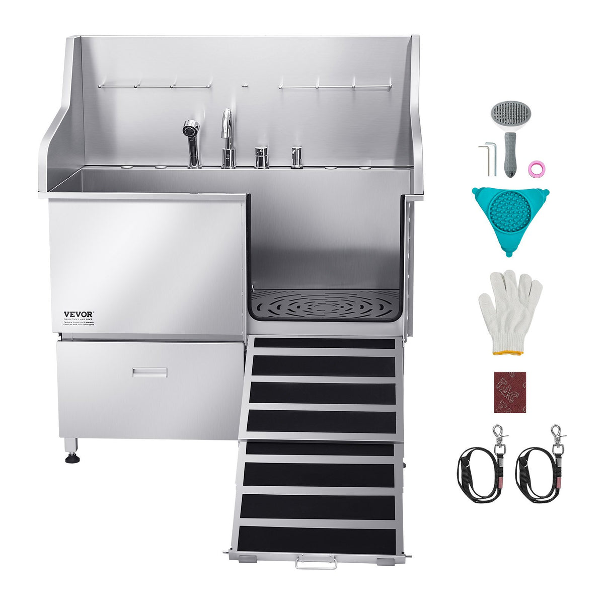 VEVOR Stainless Steel Dog Grooming Bath Tub with Ramp, Mixer Tap and Shower Head, 127 cm