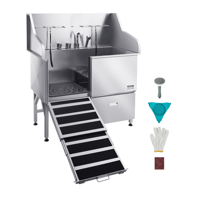 VEVOR 127 cm nerūsējošā tērauda suņu kopšanas vanna ar rampu, jaucējkrānu un durvīm kreisajā pusē