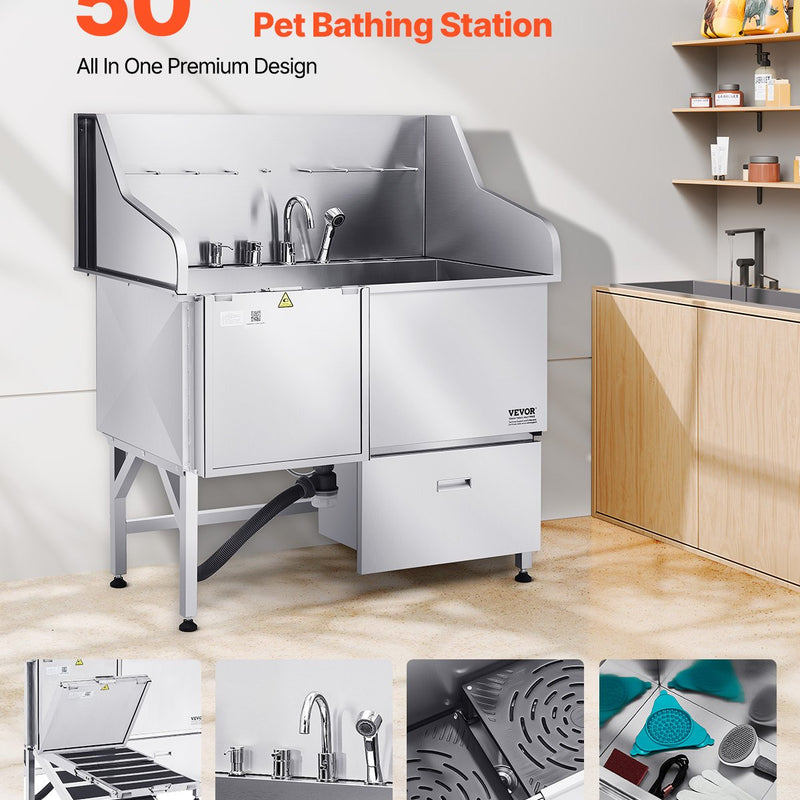 VEVOR 127 cm nerūsējošā tērauda suņu kopšanas vanna ar rampu, jaucējkrānu un durvīm kreisajā pusē