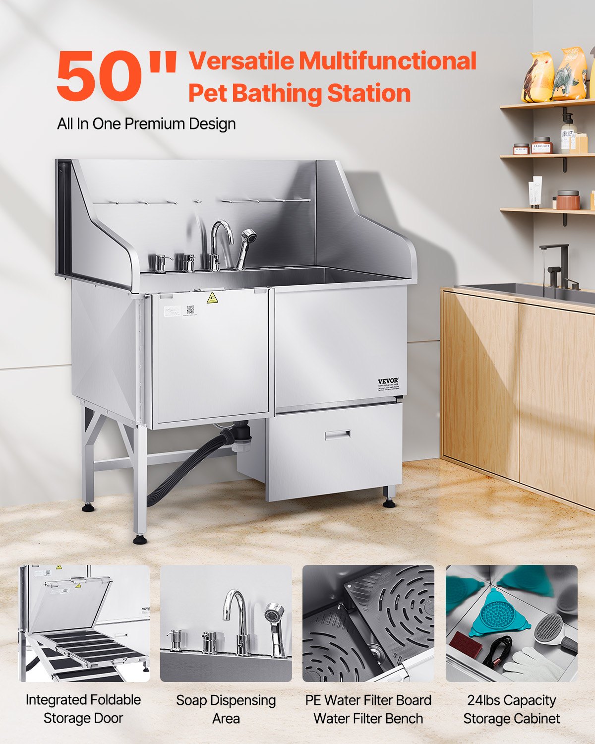 VEVOR Stainless Steel Dog Grooming Bath Tub with Ramp and Mixer Tap, 127 cm, Left Door
