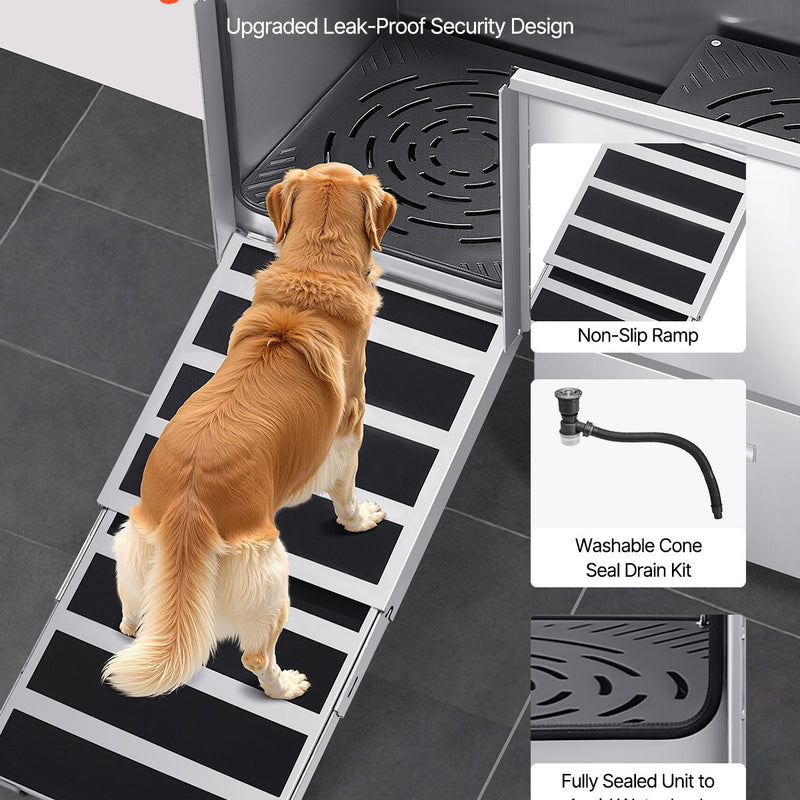 VEVOR 127 cm nerūsējošā tērauda suņu kopšanas vanna ar rampu, jaucējkrānu un durvīm kreisajā pusē