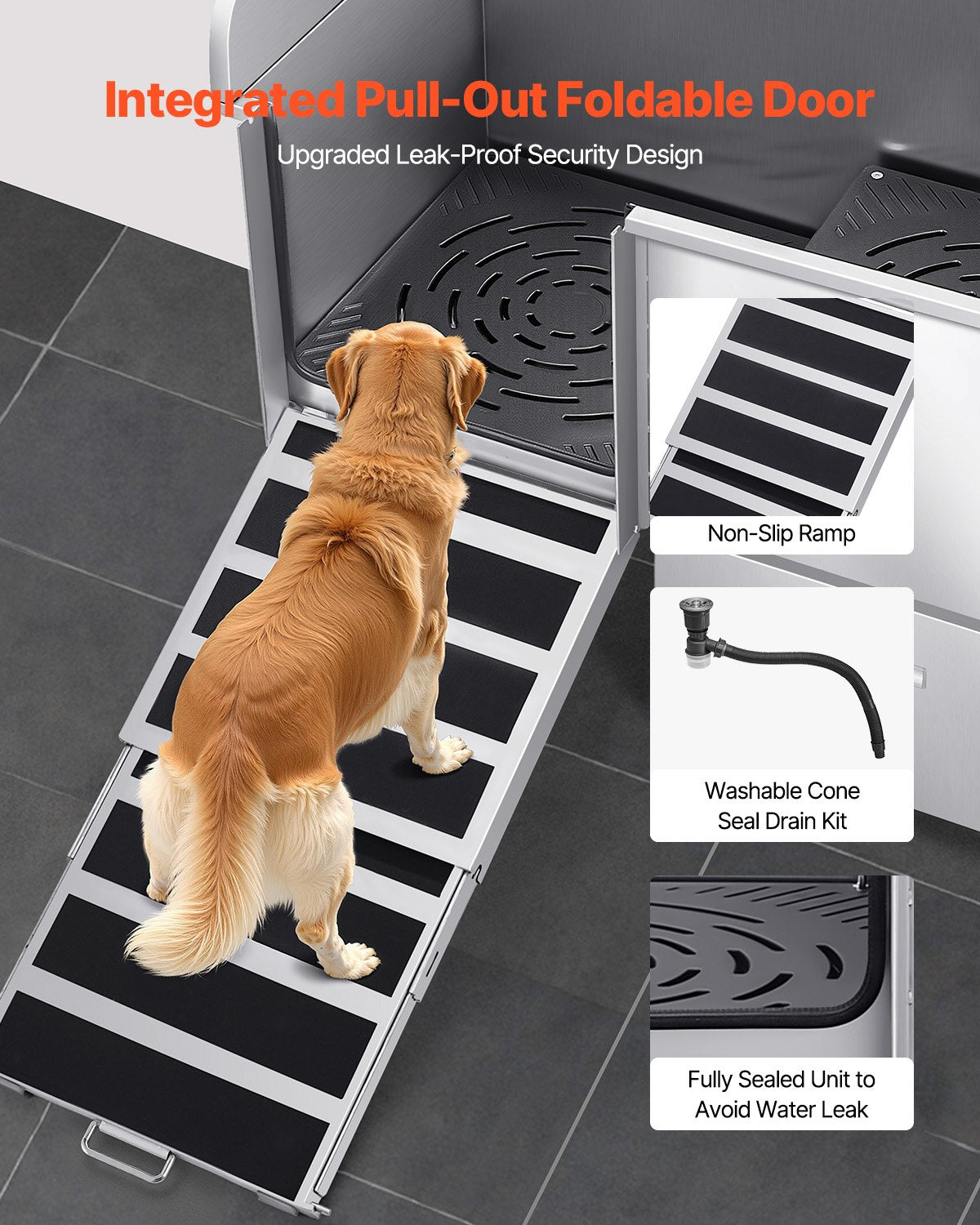 VEVOR Stainless Steel Dog Grooming Bath Tub with Ramp and Mixer Tap, 127 cm, Left Door