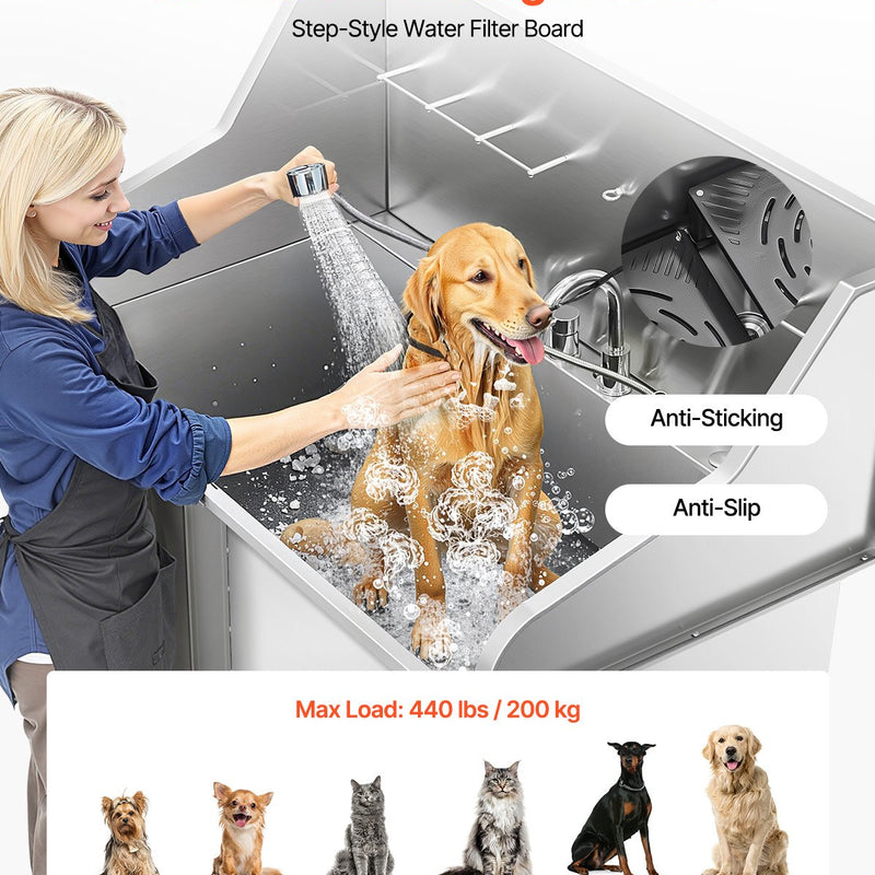 VEVOR 127 cm nerūsējošā tērauda suņu kopšanas vanna ar rampu, jaucējkrānu un durvīm kreisajā pusē