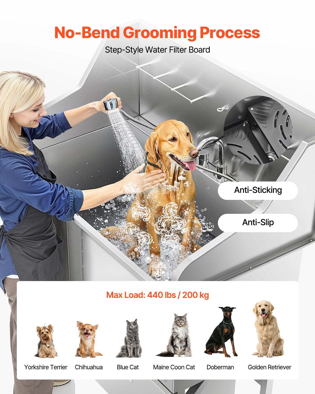 VEVOR Stainless Steel Dog Grooming Bath Tub with Ramp and Mixer Tap, 127 cm, Left Door