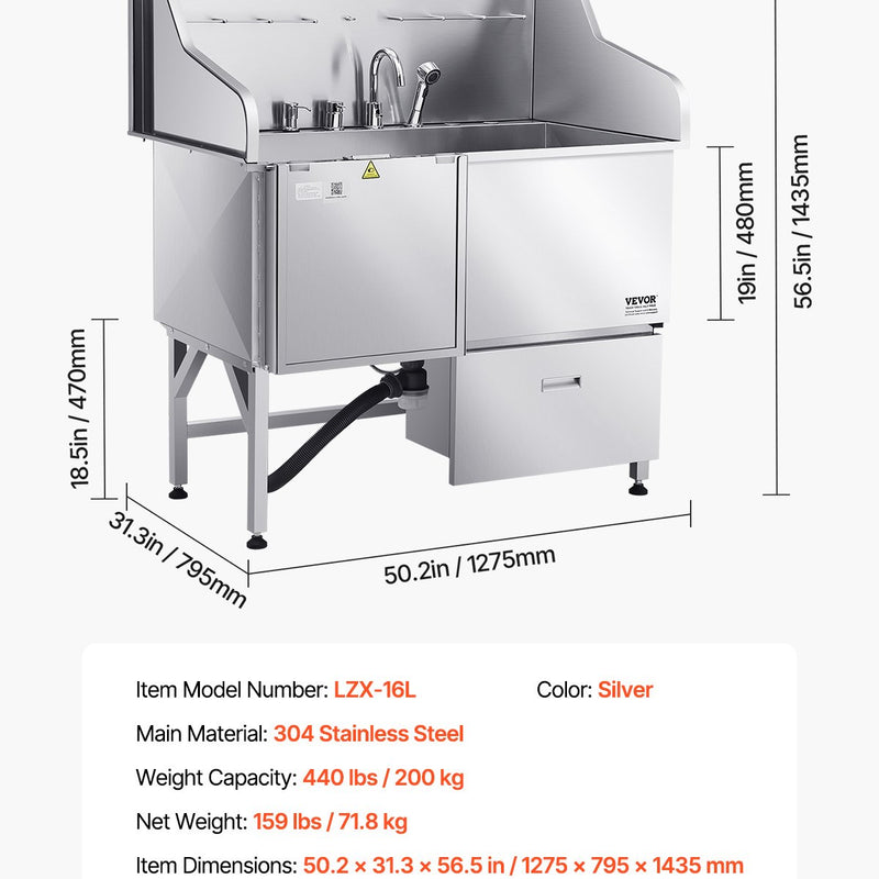 VEVOR 127 cm nerūsējošā tērauda suņu kopšanas vanna ar rampu, jaucējkrānu un durvīm kreisajā pusē