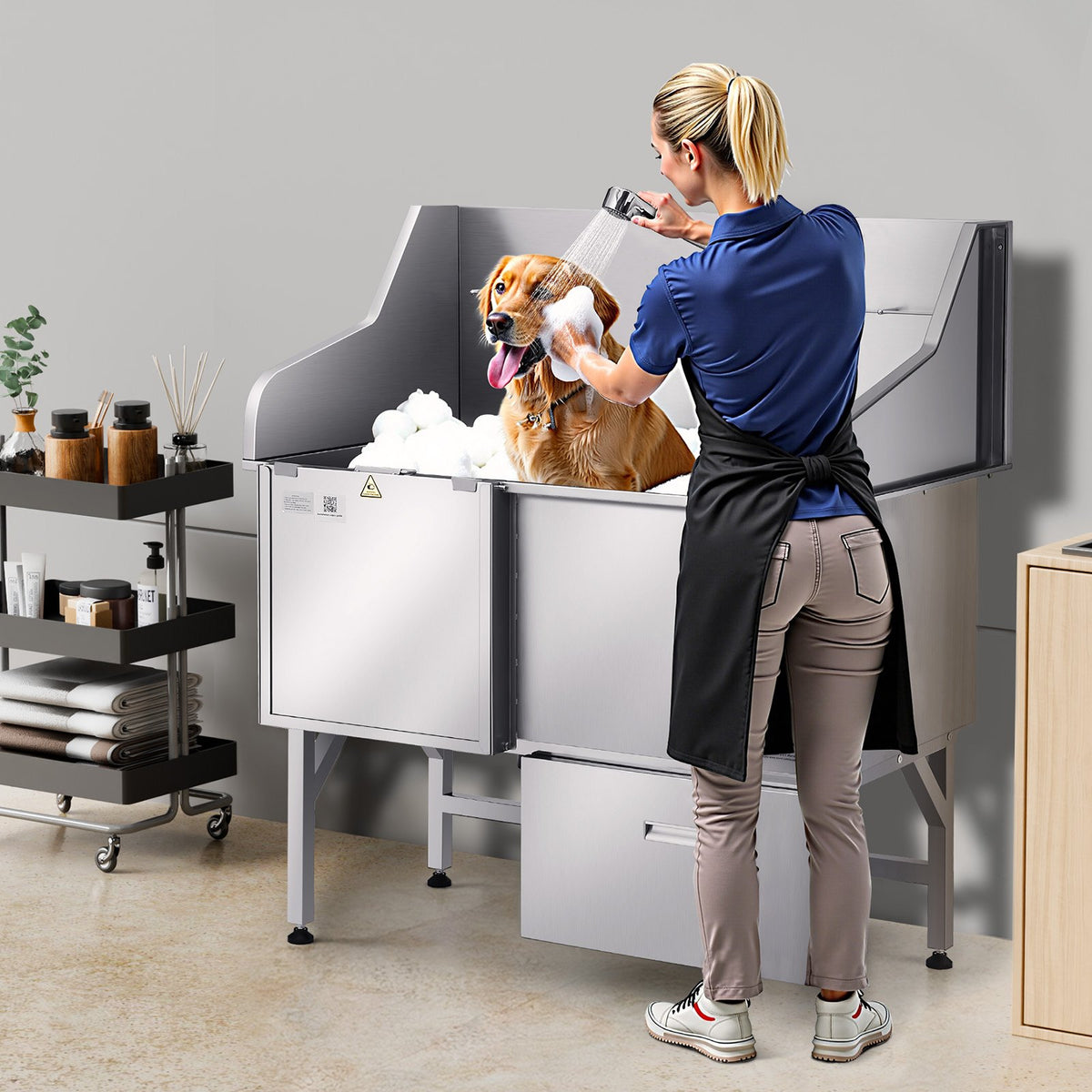 VEVOR Stainless Steel Dog Grooming Bath Tub with Ramp and Mixer Tap, 127 cm, Left Door
