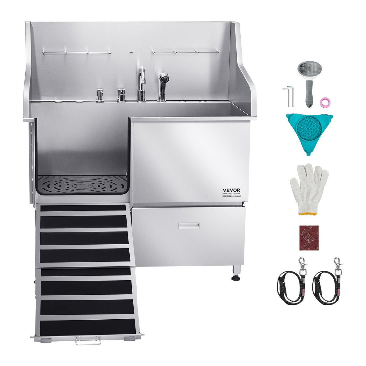 VEVOR Stainless Steel Dog Grooming Bath Tub with Ramp and Mixer Tap, 127 cm, Left Door