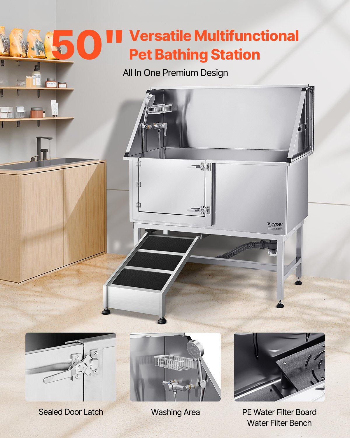 VEVOR Stainless Steel Dog Grooming Bath Tub with Ramp, 127 cm, Left Door