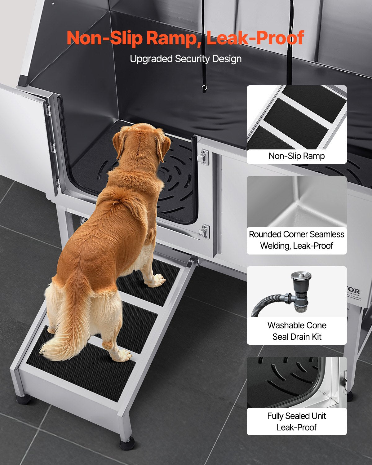VEVOR Stainless Steel Dog Grooming Bath Tub with Ramp, 127 cm, Left Door