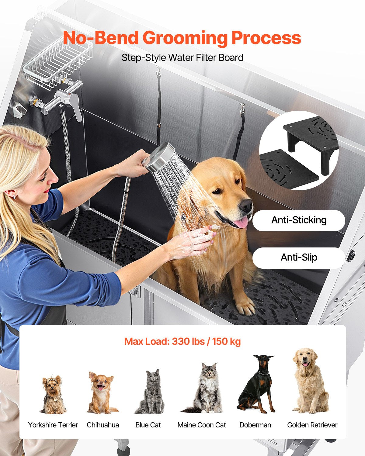 VEVOR Stainless Steel Dog Grooming Bath Tub with Ramp, 127 cm, Left Door