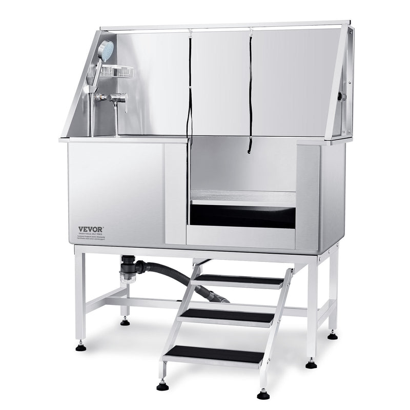 VEVOR 127 cm profesionāla nerūsējošā tērauda suņu kopšanas vanna ar kāpnēm, ziepju trauku, jaucējkrānu un piederumiem (labā puse)