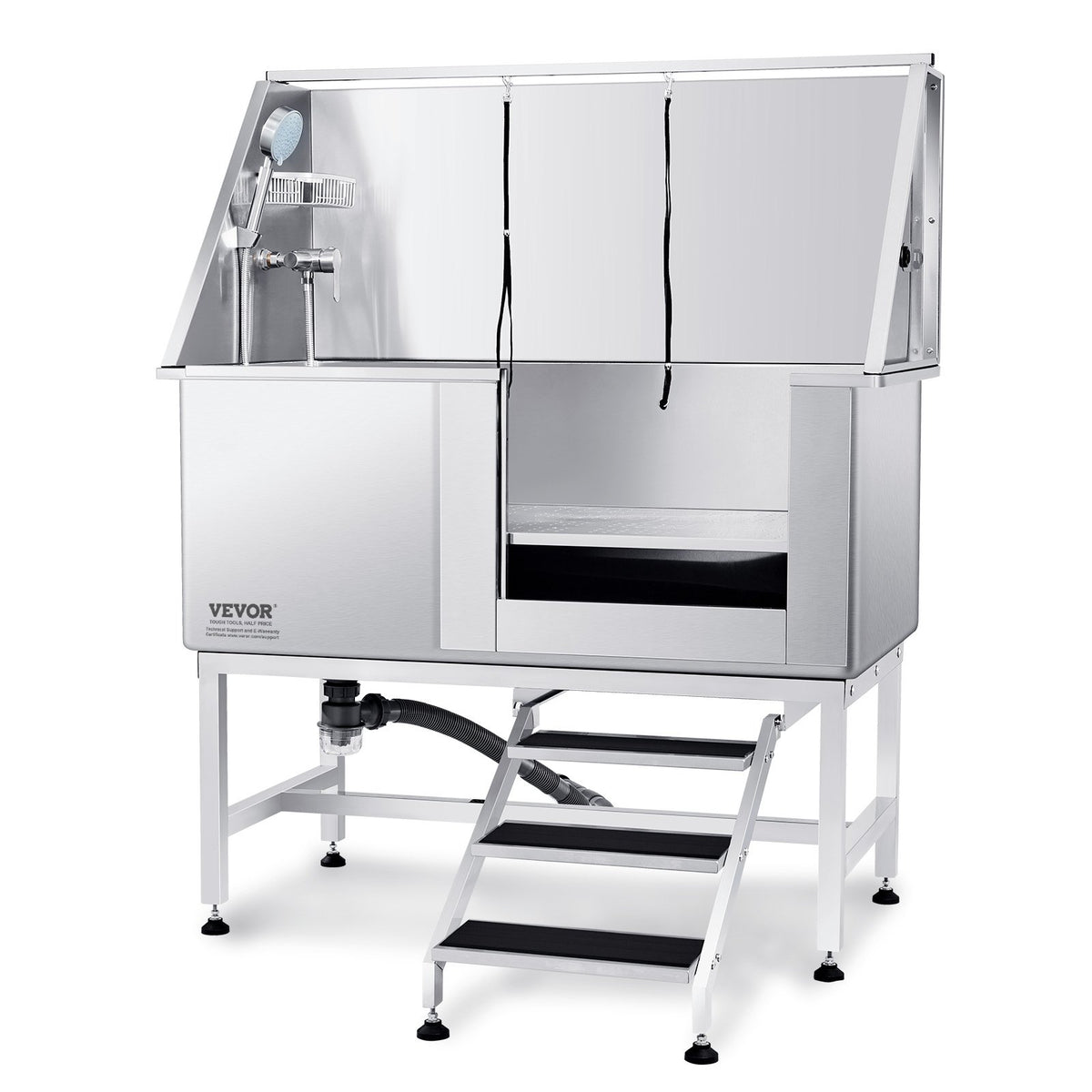 VEVOR Professional Stainless Steel Dog Grooming Bath Tub with Steps, Mixer Tap and Accessories, 127 cm, Right Door