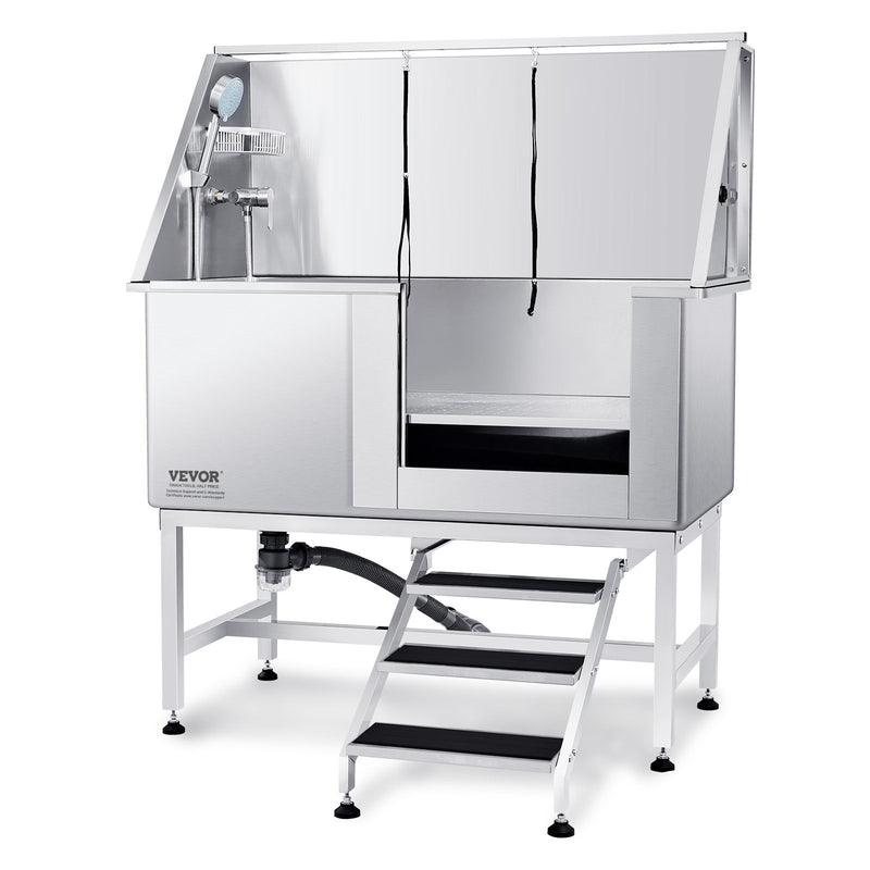 VEVOR 127 cm profesionāla nerūsējošā tērauda suņu kopšanas vanna ar kāpnēm, ziepju trauku, jaucējkrānu un piederumiem (labā puse)