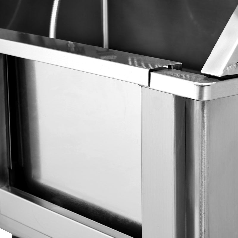 VEVOR 127 cm profesionāla nerūsējošā tērauda suņu kopšanas vanna ar kāpnēm, ziepju trauku, jaucējkrānu un piederumiem (labā puse)