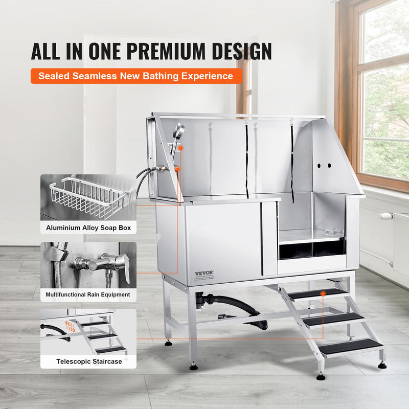 VEVOR 127 cm profesionāla nerūsējošā tērauda suņu kopšanas vanna ar kāpnēm, ziepju trauku, jaucējkrānu un piederumiem (labā puse)