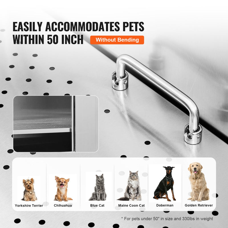 VEVOR 127 cm profesionāla nerūsējošā tērauda suņu kopšanas vanna ar kāpnēm, ziepju trauku, jaucējkrānu un piederumiem (labā puse)