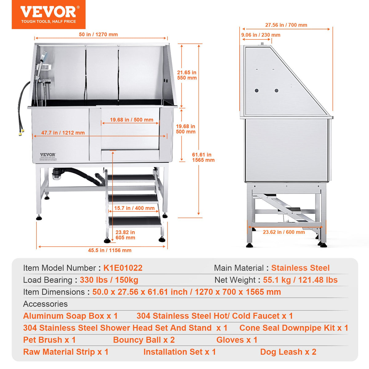 VEVOR Professional Stainless Steel Dog Grooming Bath Tub with Steps, Mixer Tap and Accessories, 127 cm, Right Door