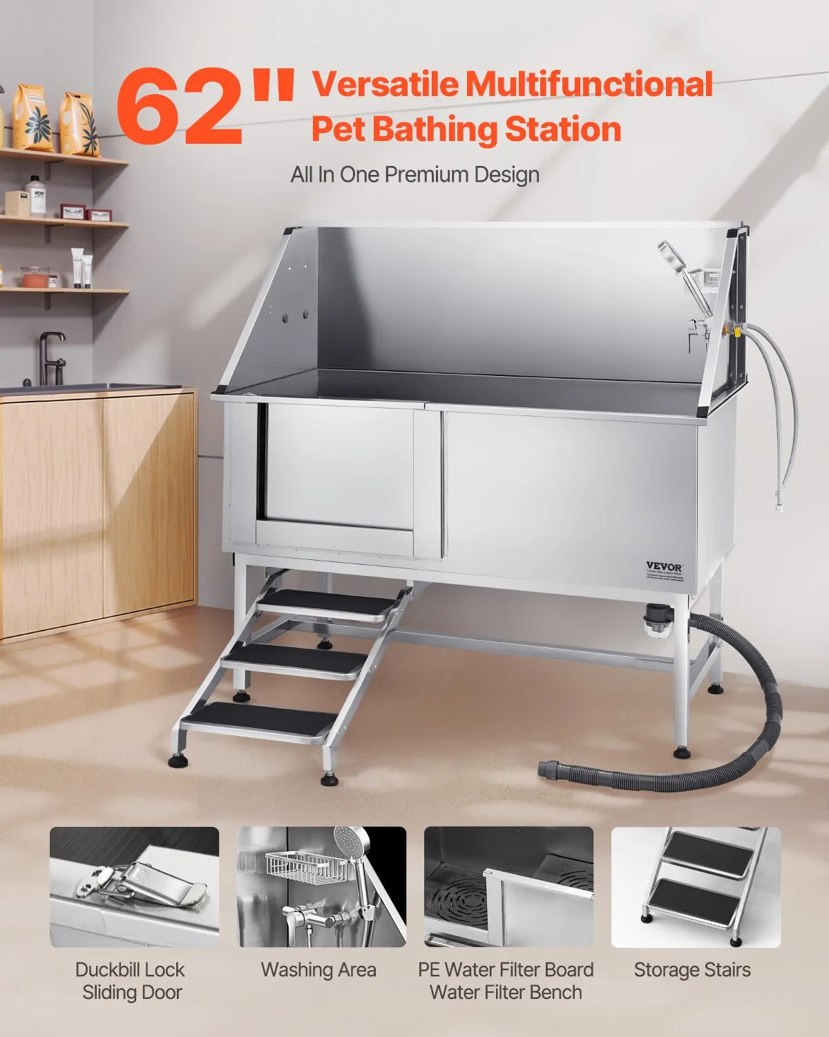 VEVOR Stainless Steel Dog Grooming Bath Tub with Steps, 157.5 cm, Left Door