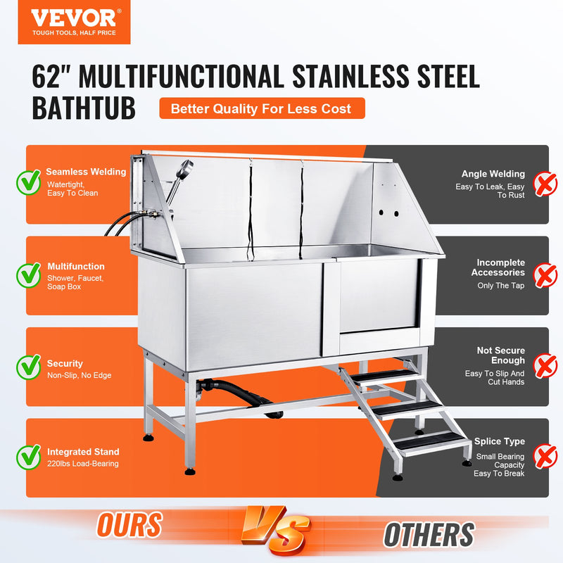VEVOR 1,57 m profesionāla mājdzīvnieku vannošanas stacija ar kāpnēm - nerūsējošā tērauda vanna suņu kopšanai (labā puse)