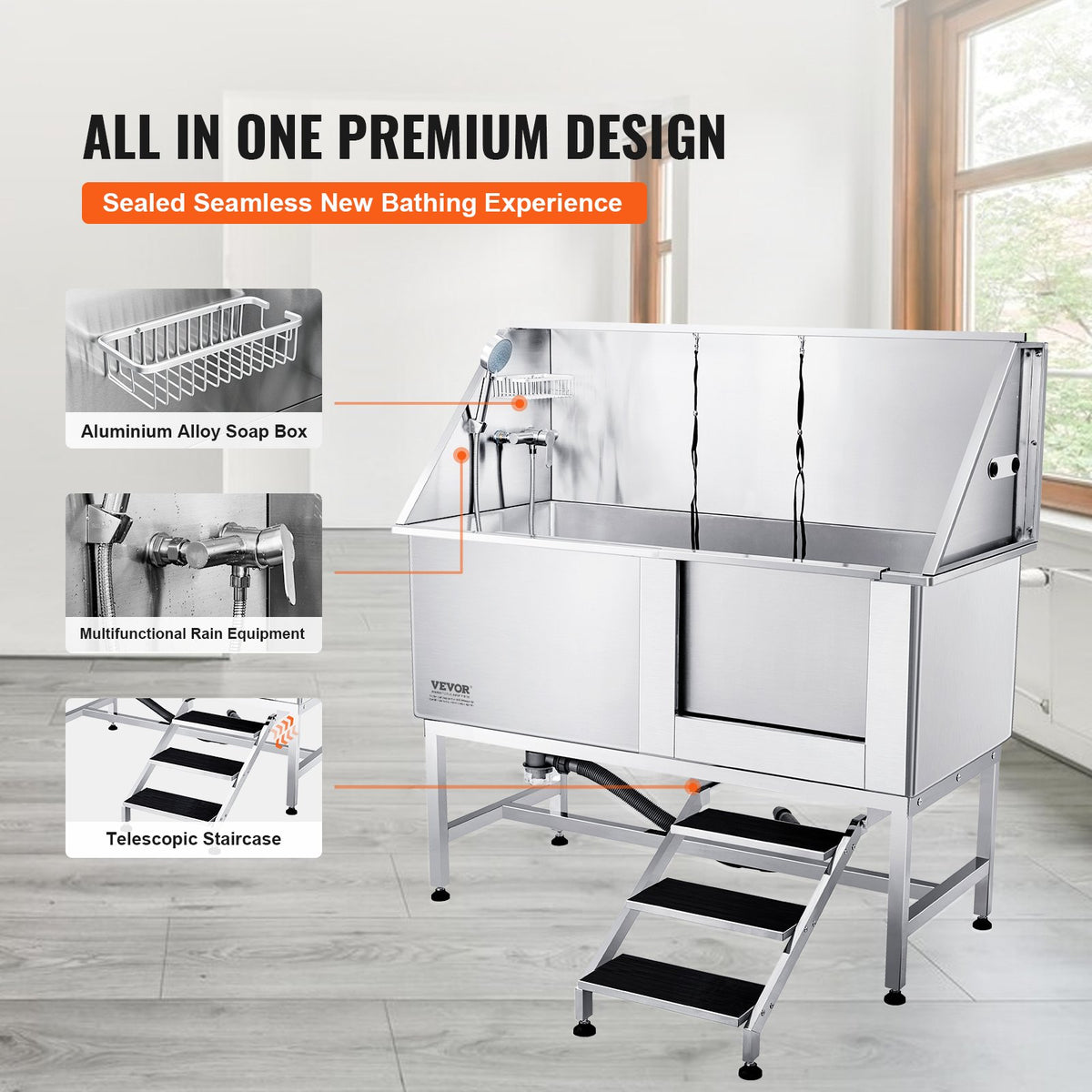 VEVOR Professional Stainless Steel Dog Grooming Bath Tub with Steps, 157 cm, Right Door