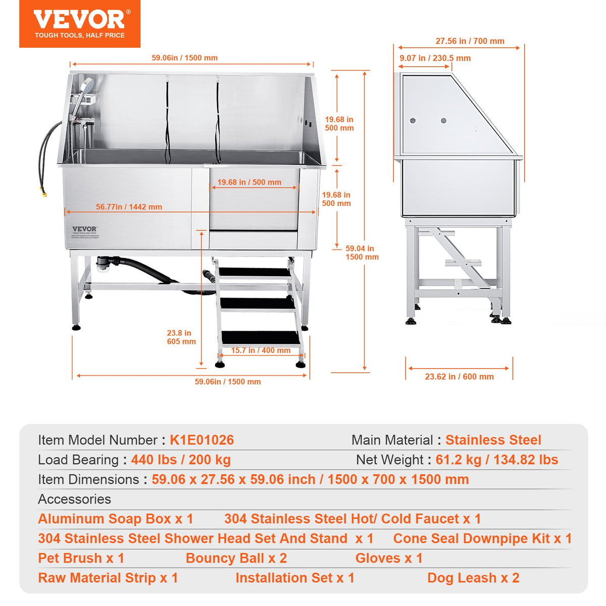 VEVOR Professional Stainless Steel Dog Grooming Bath Tub with Steps, 157 cm, Right Door