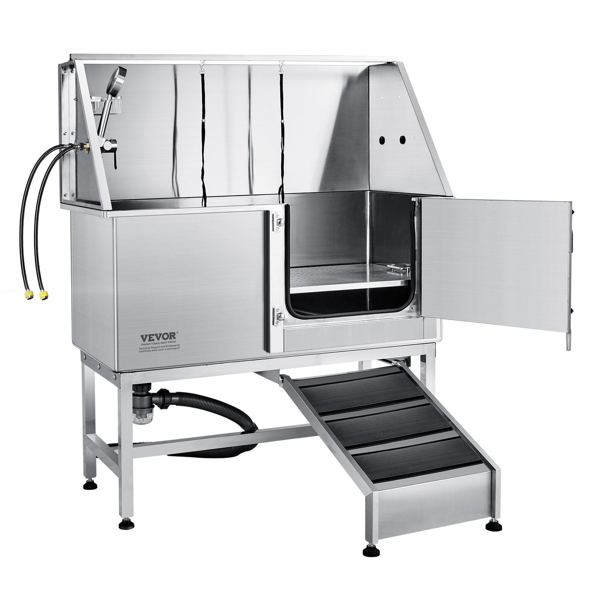 VEVOR Professional Stainless Steel Dog Grooming Bath Tub with Ramp, Mixer Tap and Accessories, 157 cm, Right Door