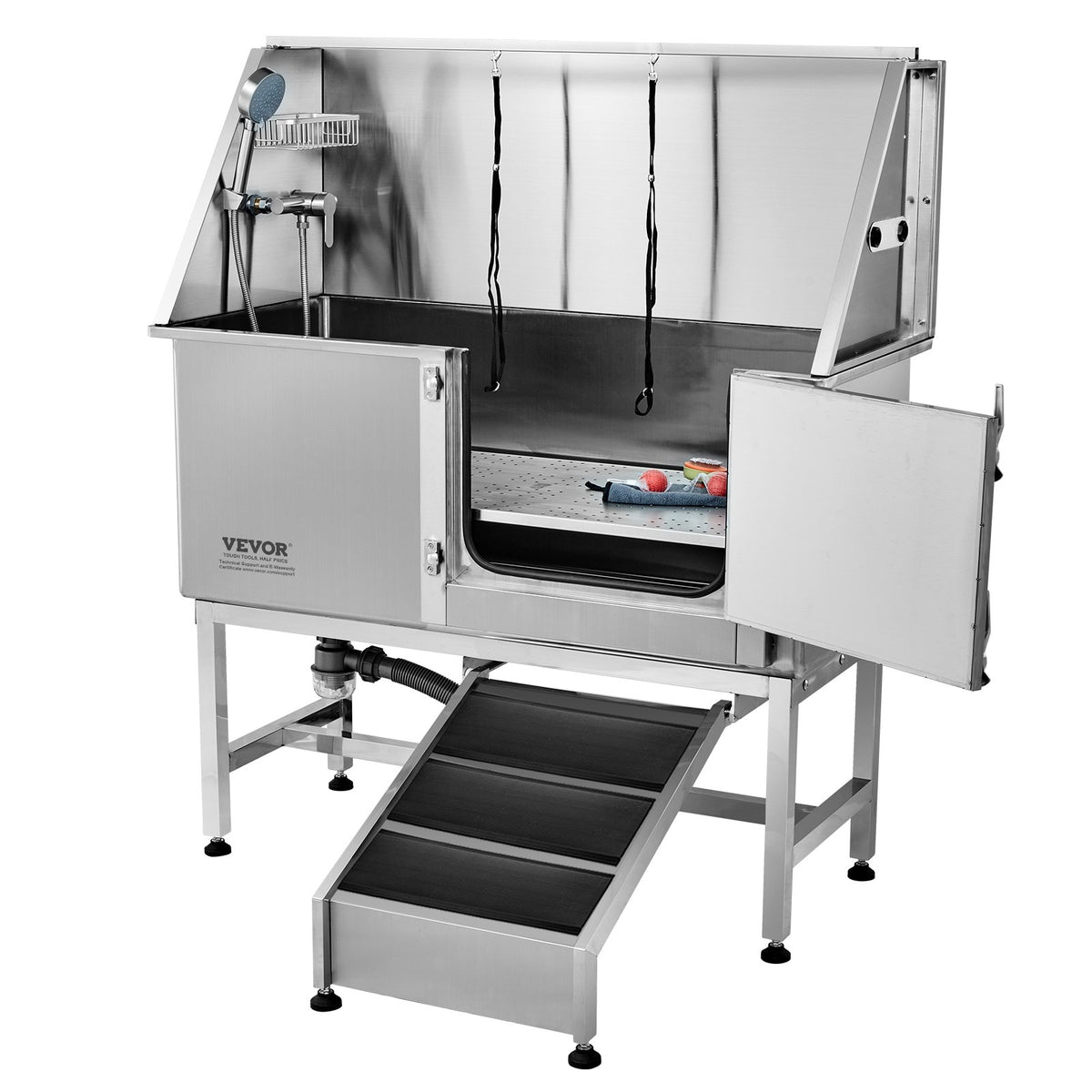 VEVOR Professional Stainless Steel Dog Grooming Bath Tub with Ramp, Mixer Tap and Accessories, 157 cm, Right Door