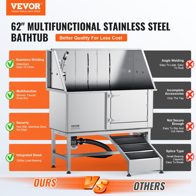 VEVOR 1,57 m profesionāla nerūsējošā tērauda suņu kopšanas vanna ar rampu, ziepju trauku, jaucējkrānu un bagātīgu piederumu komplektu (labā puse)