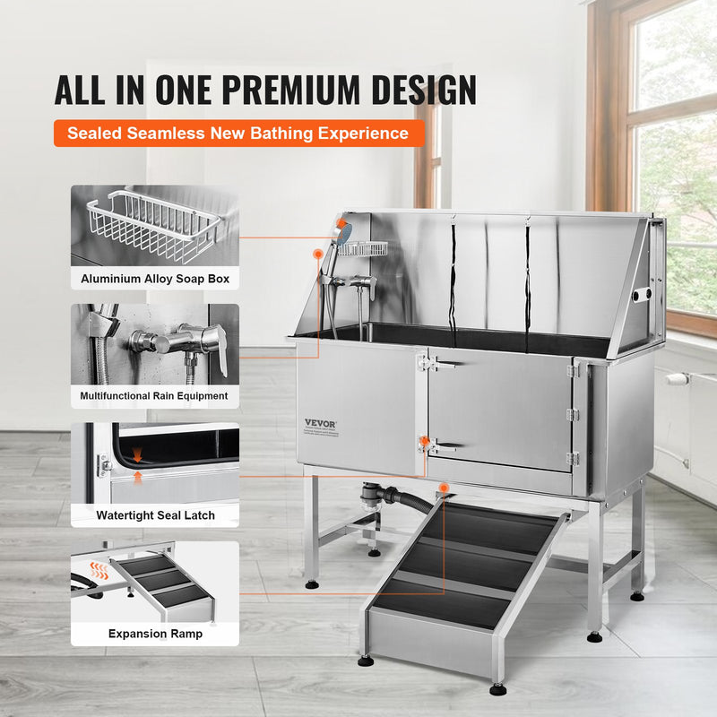 VEVOR 1,57 m profesionāla nerūsējošā tērauda suņu kopšanas vanna ar rampu, ziepju trauku, jaucējkrānu un bagātīgu piederumu komplektu (labā puse)