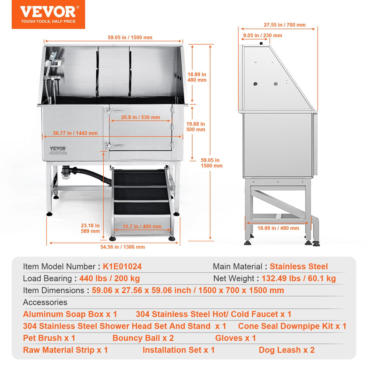 VEVOR Professional Stainless Steel Dog Grooming Bath Tub with Ramp, Mixer Tap and Accessories, 157 cm, Right Door