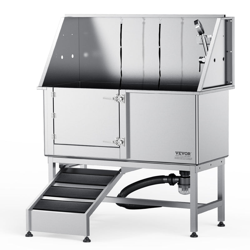 VEVOR 1,57 m profesionāla nerūsējošā tērauda suņu kopšanas vanna ar rampu, ziepju trauku, jaucējkrānu un bagātīgu piederumu komplektu (kreisā puse)