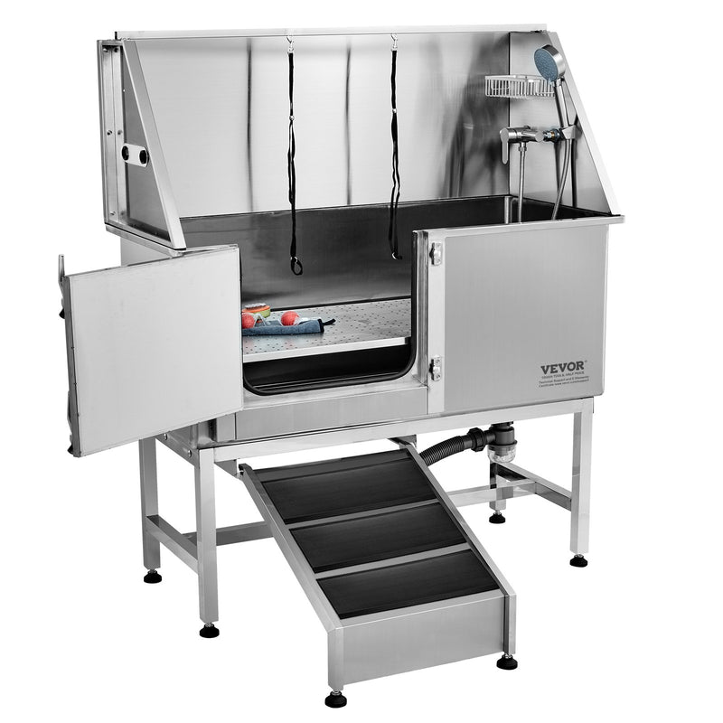 VEVOR 1,57 m profesionāla nerūsējošā tērauda suņu kopšanas vanna ar rampu, ziepju trauku, jaucējkrānu un bagātīgu piederumu komplektu (kreisā puse)