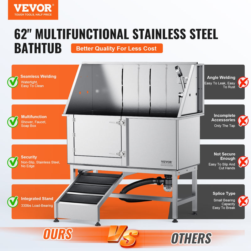 VEVOR 1,57 m profesionāla nerūsējošā tērauda suņu kopšanas vanna ar rampu, ziepju trauku, jaucējkrānu un bagātīgu piederumu komplektu (kreisā puse)