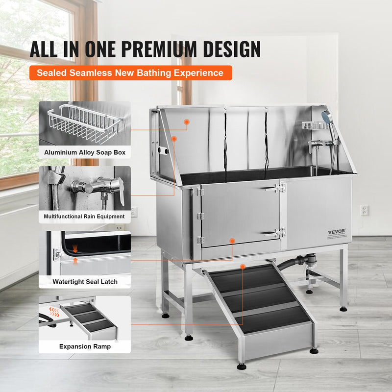 VEVOR 1,57 m profesionāla nerūsējošā tērauda suņu kopšanas vanna ar rampu, ziepju trauku, jaucējkrānu un bagātīgu piederumu komplektu (kreisā puse)