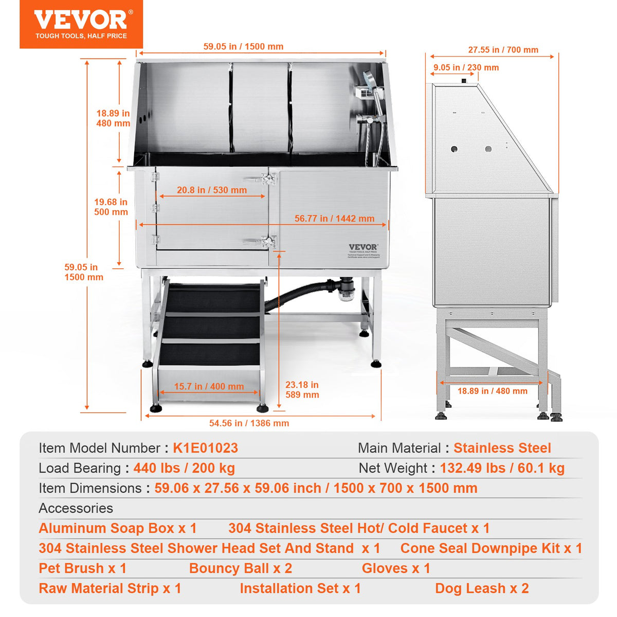 VEVOR Professional Stainless Steel Dog Grooming Bath Tub with Ramp, Mixer Tap and Accessories, 157 cm, Left Door