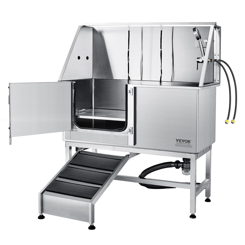 VEVOR 1,57 m profesionāla nerūsējošā tērauda suņu kopšanas vanna ar rampu, ziepju trauku, jaucējkrānu un bagātīgu piederumu komplektu (kreisā puse)