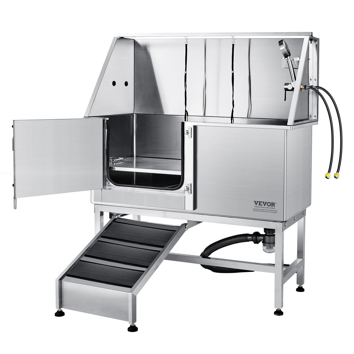 VEVOR Professional Stainless Steel Dog Grooming Bath Tub with Ramp, Mixer Tap and Accessories, 157 cm, Left Door