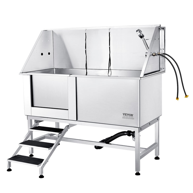 VEVOR 1,57 m profesionāla nerūsējošā tērauda suņu kopšanas vanna ar kāpnēm, ziepju trauku, jaucējkrānu un piederumiem (kreisā puse)