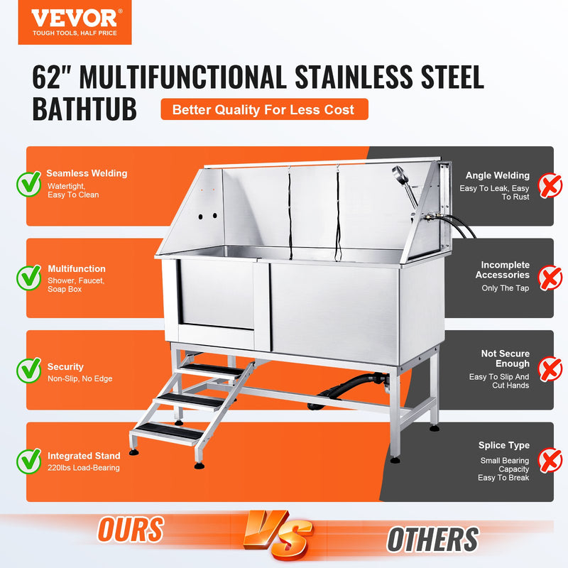 VEVOR 1,57 m profesionāla nerūsējošā tērauda suņu kopšanas vanna ar kāpnēm, ziepju trauku, jaucējkrānu un piederumiem (kreisā puse)